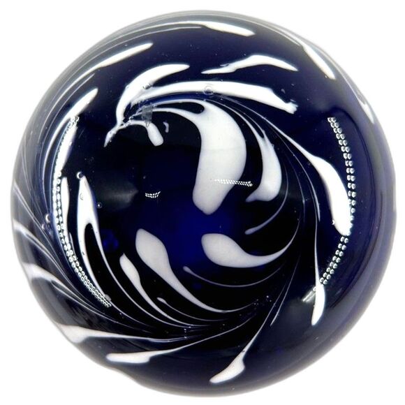 Handblown Round Glass Paperweight Cobalt Blue & White Feather Pattern - Picture 1 of 6